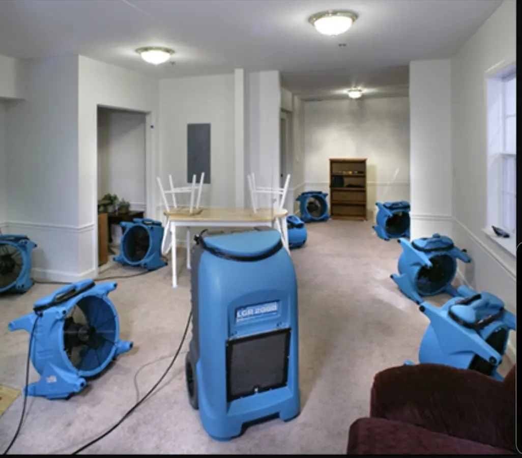 Air movers and dehumidifier setup for Water Damage Restoration in Demarest